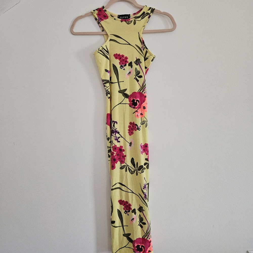 Club L London Yellow Tropical Print Bodycon Mini Dress Size 4